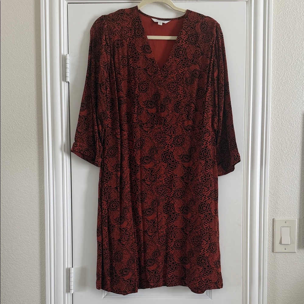 Garnet Hill Burnt Orange and Black Floral Crepe Dress